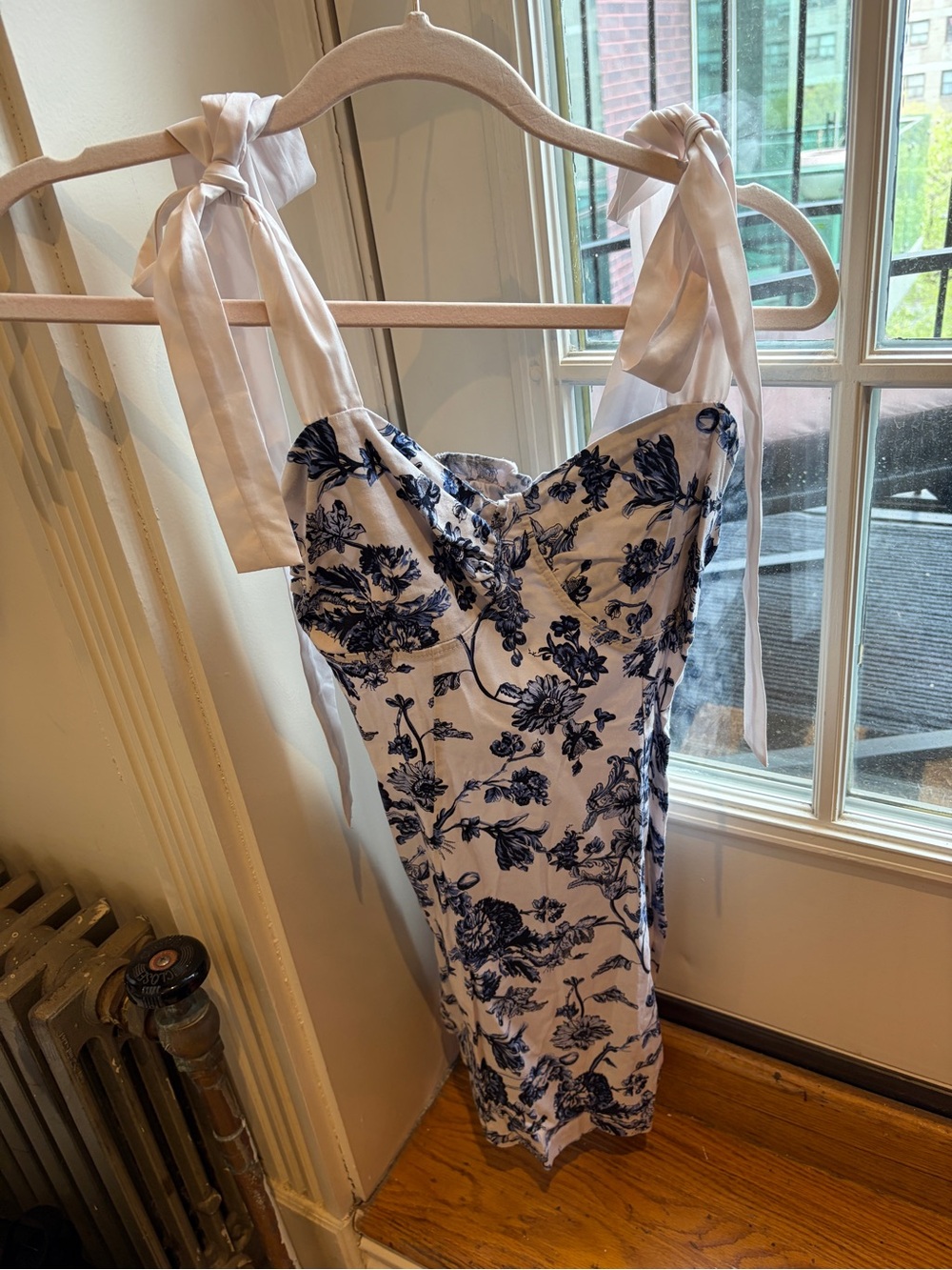 White and Navy Floral Tie-Shoulder Mini Dress